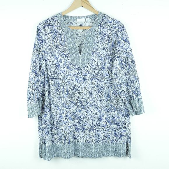 Sigrid Olsen M Top 100% Linen Beachy Relaxed Blue Floral Split Neck 3/4 Sleeve - Picture 1 of 7